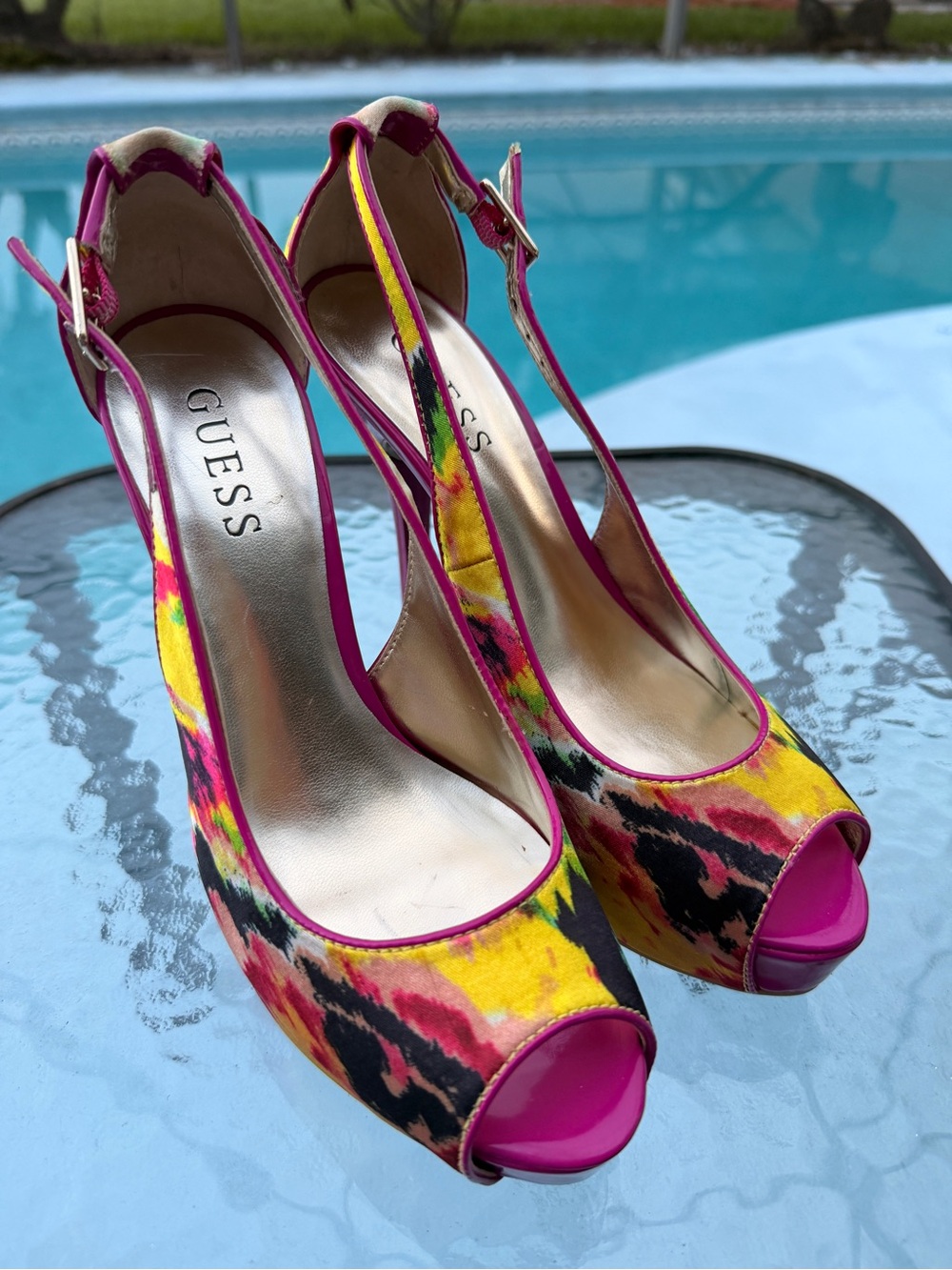 Guess Multicolor Floral Peep-Toe Slingback Heels 7M